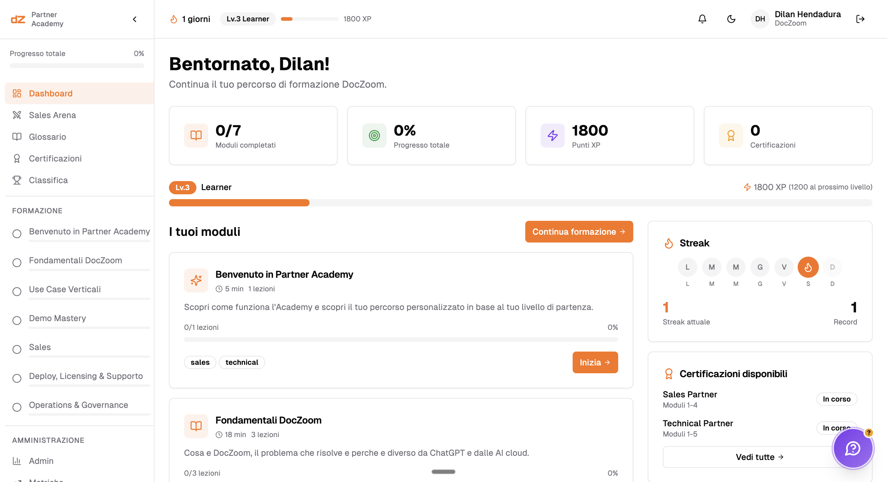 Partner Academy dashboard with modules progress, XP and streak